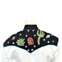 Men's Vintage Black Cactus & Stars Chain Stitch Embroidered Western Shirt