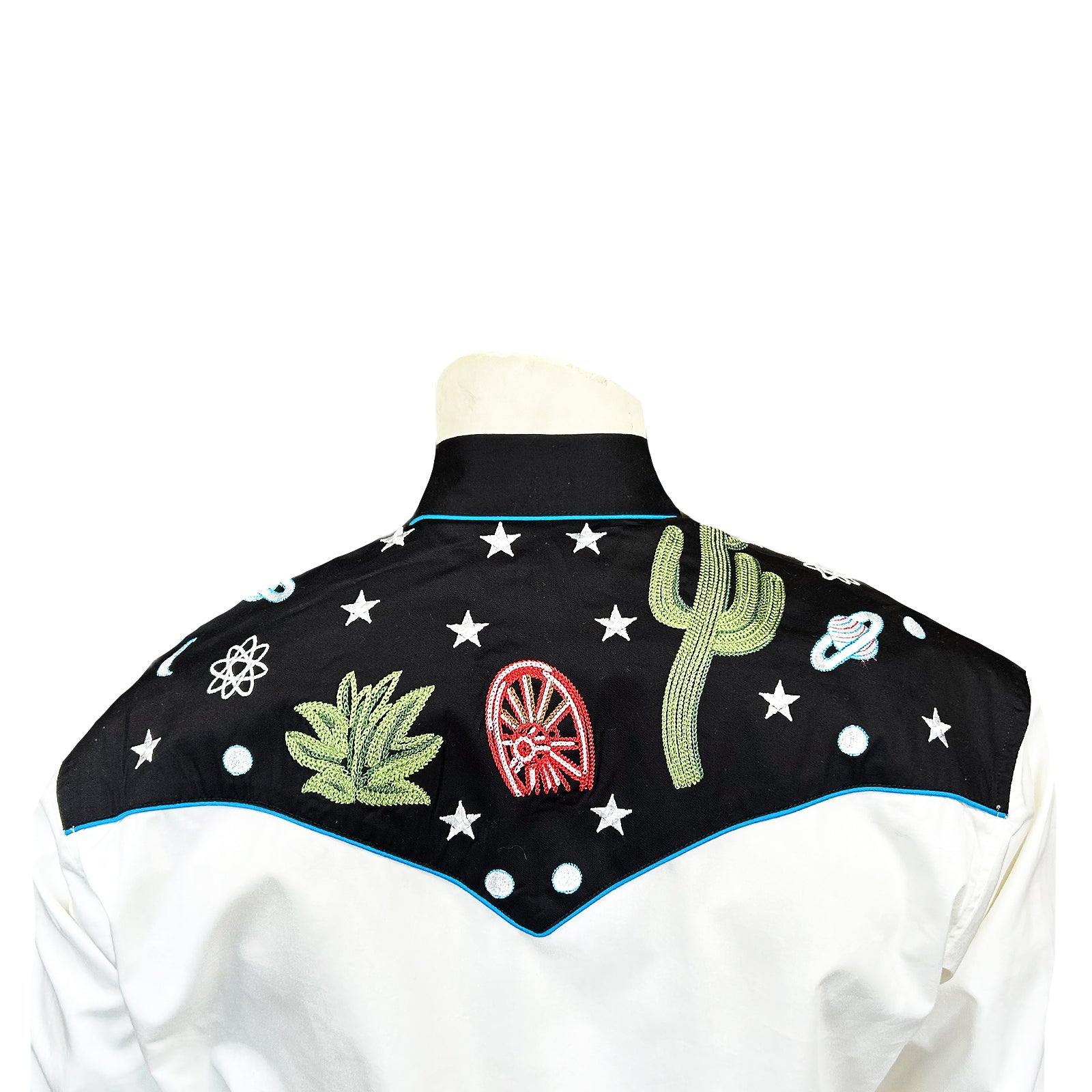 Men's Vintage Black Cactus & Stars Chain Stitch Embroidered Western Shirt