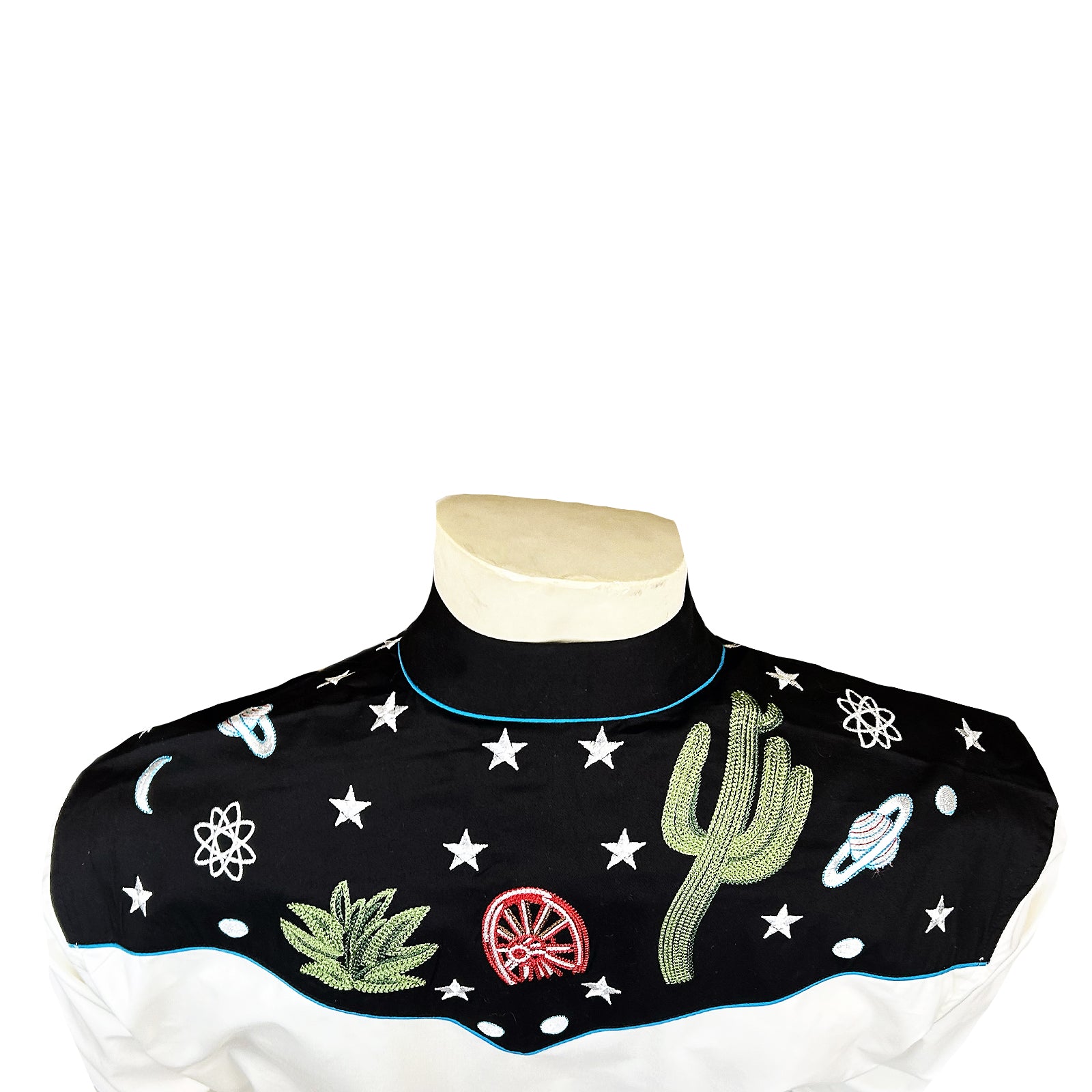 Men's Vintage Black Cactus & Stars Chain Stitch Embroidered Western Shirt