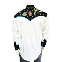 Men's Vintage Black Cactus & Stars Chain Stitch Embroidered Western Shirt