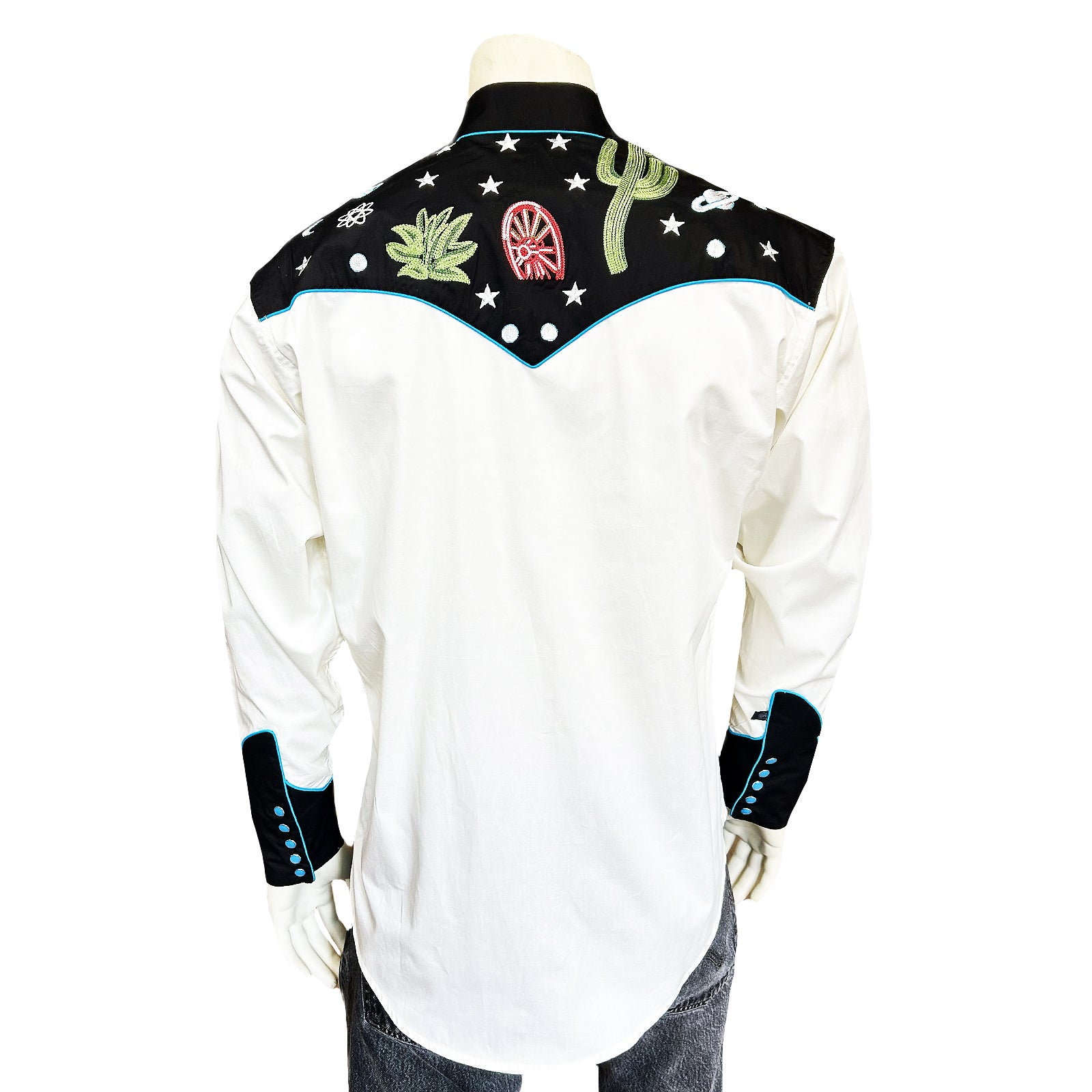 Men's Vintage Black Cactus & Stars Chain Stitch Embroidered Western Shirt