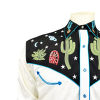 Men's Vintage Black Cactus & Stars Chain Stitch Embroidered Western Shirt