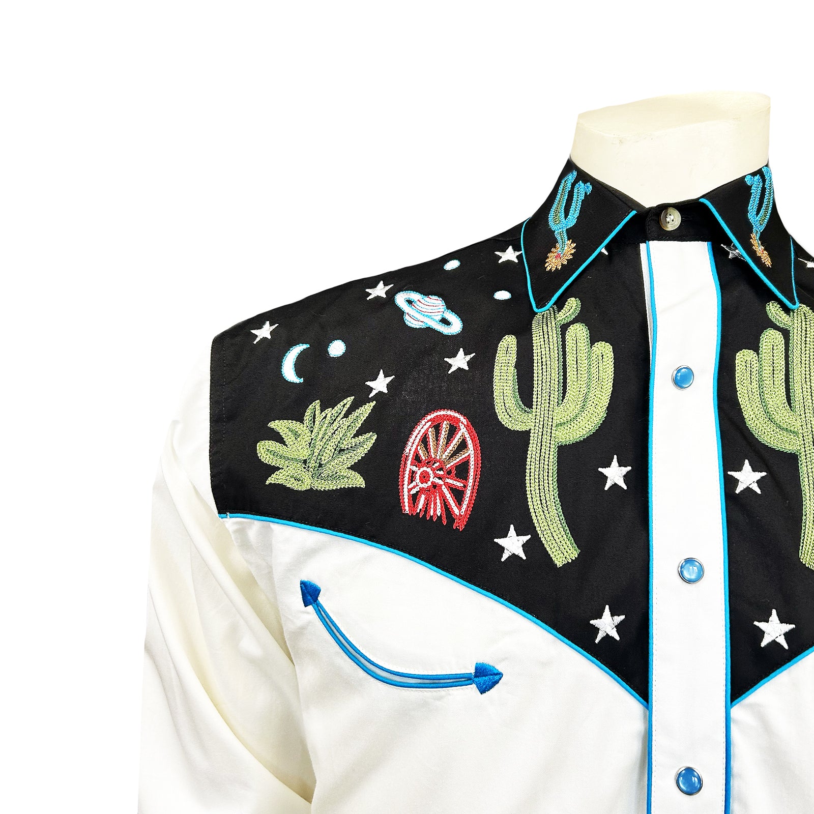 Men's Vintage Black Cactus & Stars Chain Stitch Embroidered Western Shirt