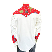 Men's Vintage Red Cactus & Stars Chain Stitch Embroidered Western Shirt