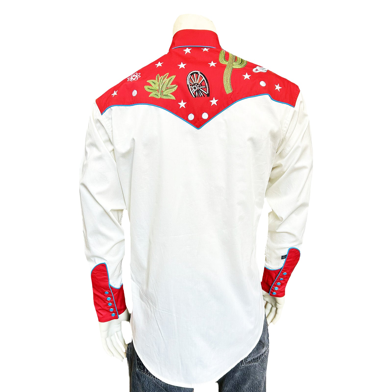 Men's Vintage Red Cactus & Stars Chain Stitch Embroidered Western Shirt