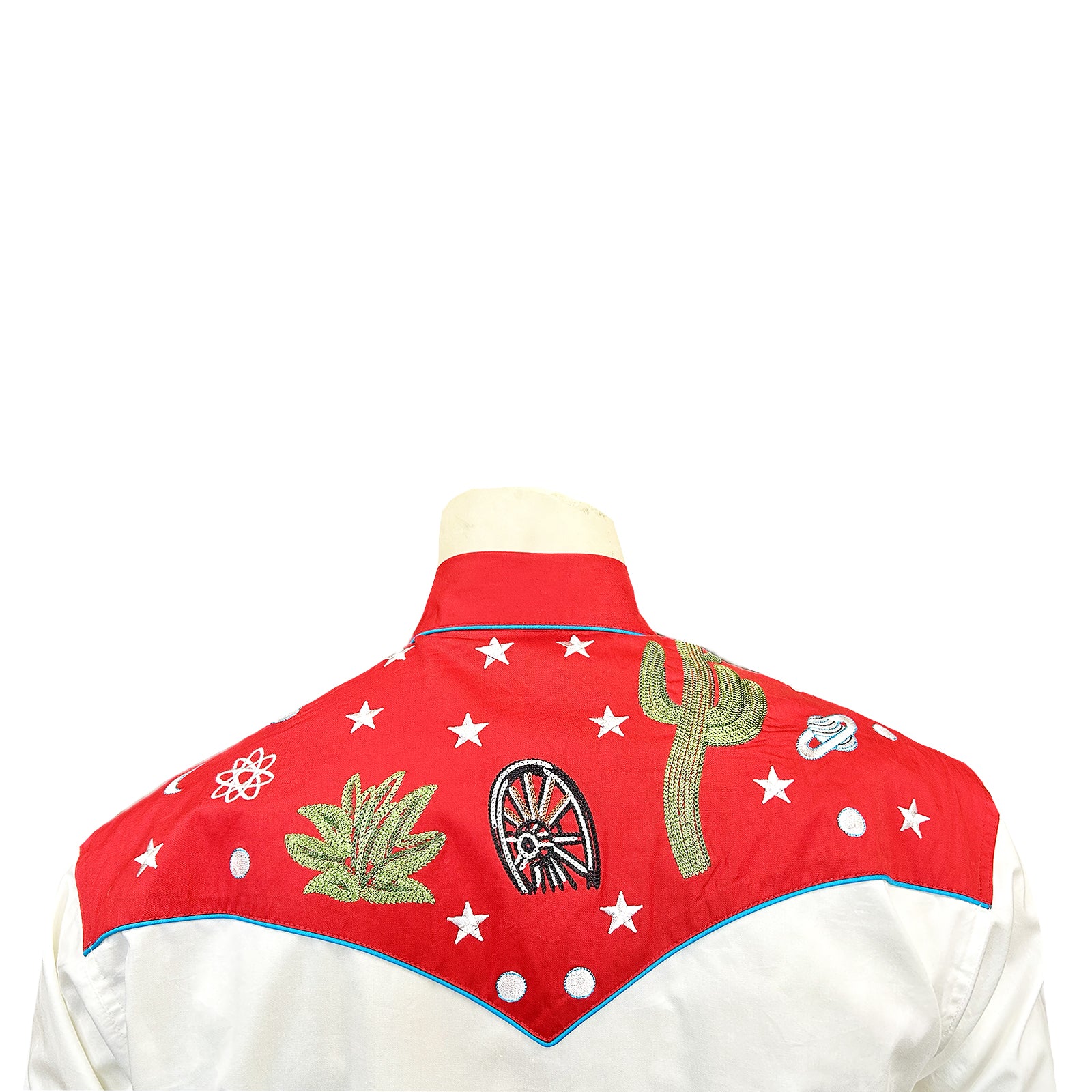 Men's Vintage Red Cactus & Stars Chain Stitch Embroidered Western Shirt