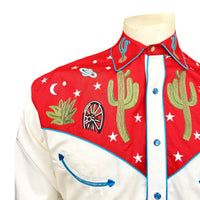 Men's Vintage Red Cactus & Stars Chain Stitch Embroidered Western Shirt