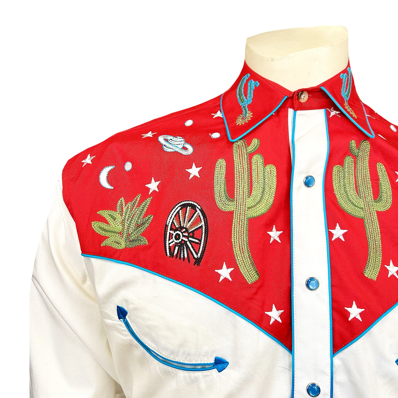 Men's Vintage Red Cactus & Stars Chain Stitch Embroidered Western Shirt