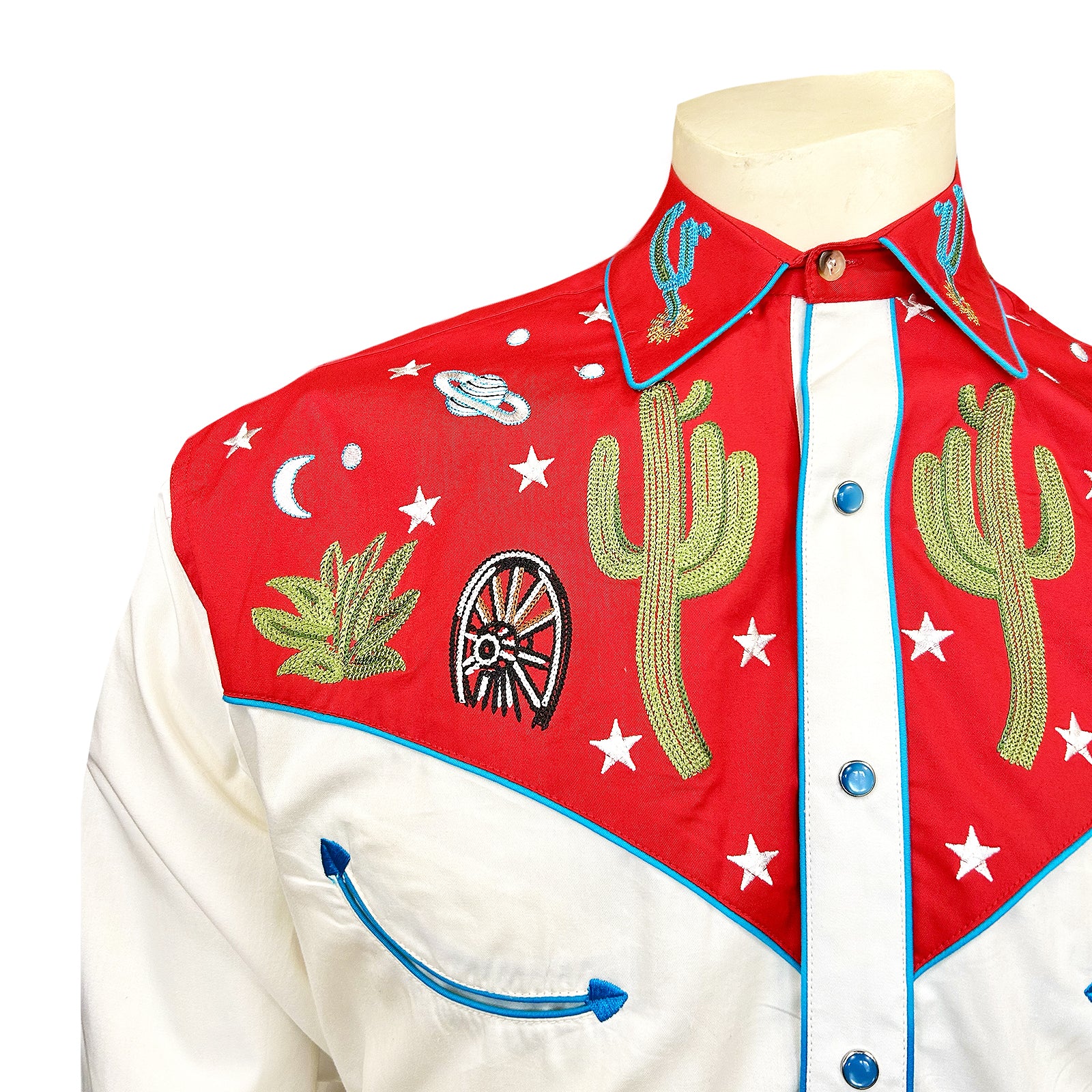 Men's Red Vintage Cactus & Stars Chain Stitch Embroidery Western Shirt