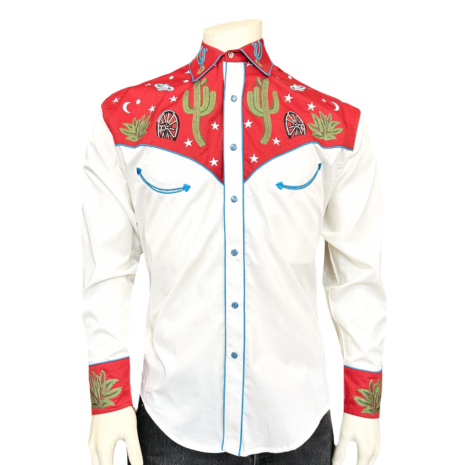 Men's Vintage Red Cactus & Stars Chain Stitch Embroidered Western Shirt