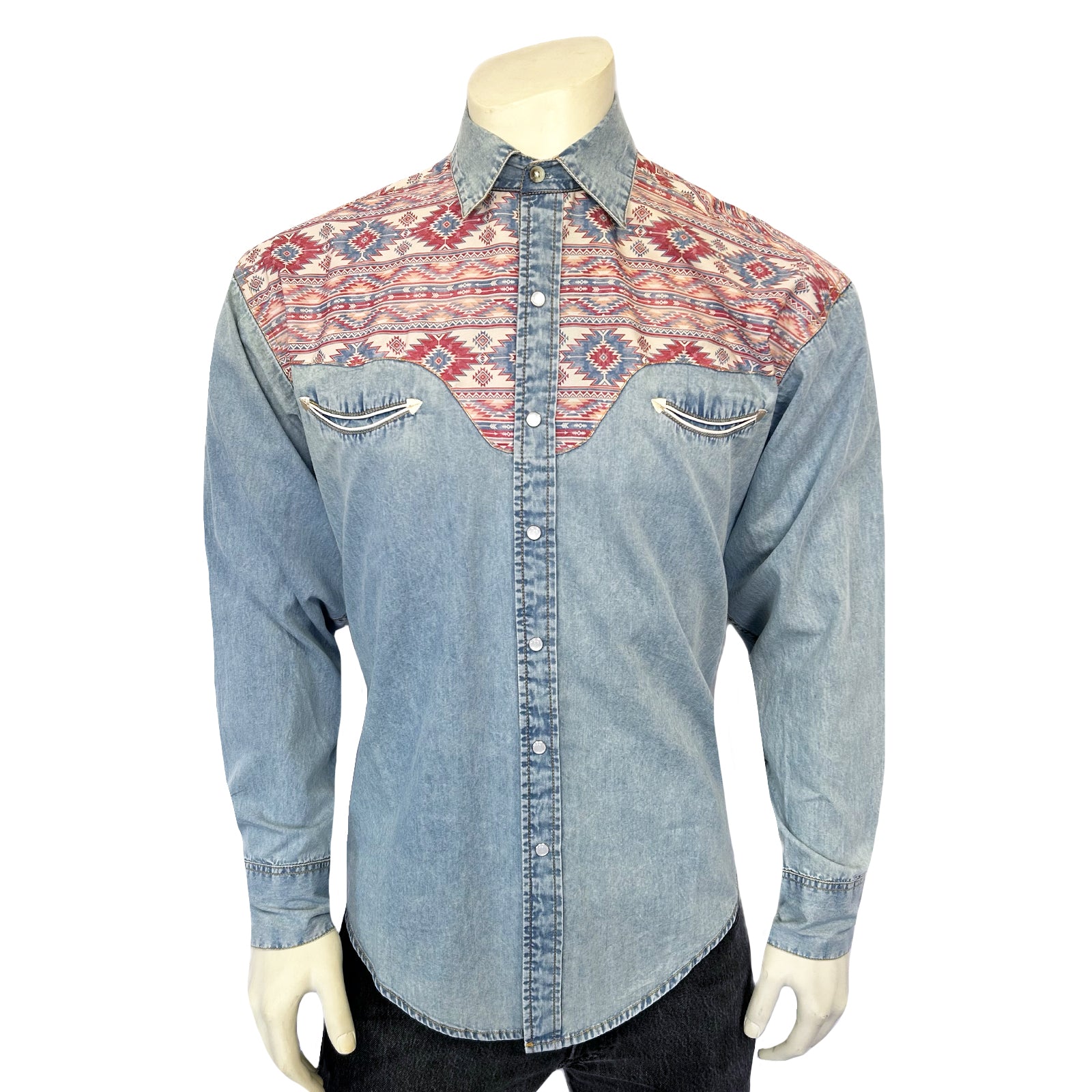 Men's Vintage 2-Tone Denim & Native Pattern Embroidered Western Shirt