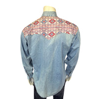 Men's Vintage 2-Tone Denim & Native Pattern Embroidered Western Shirt
