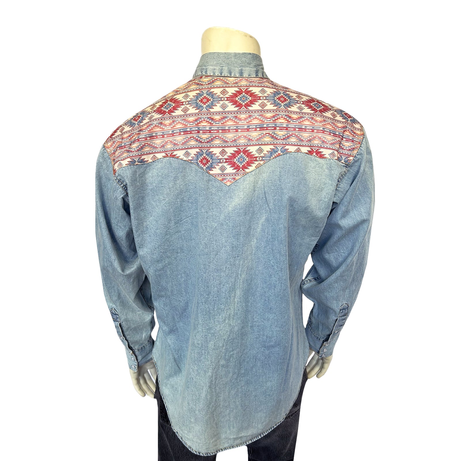 Men's Vintage 2-Tone Denim & Native Pattern Embroidered Western Shirt