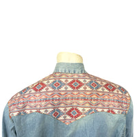 Men's Vintage 2-Tone Denim & Native Pattern Embroidered Western Shirt