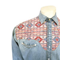 Men's Vintage 2-Tone Denim & Native Pattern Embroidered Western Shirt