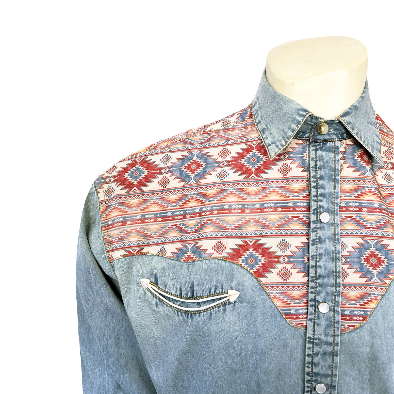 Men's Vintage 2-Tone Denim & Native Pattern Embroidered Western Shirt