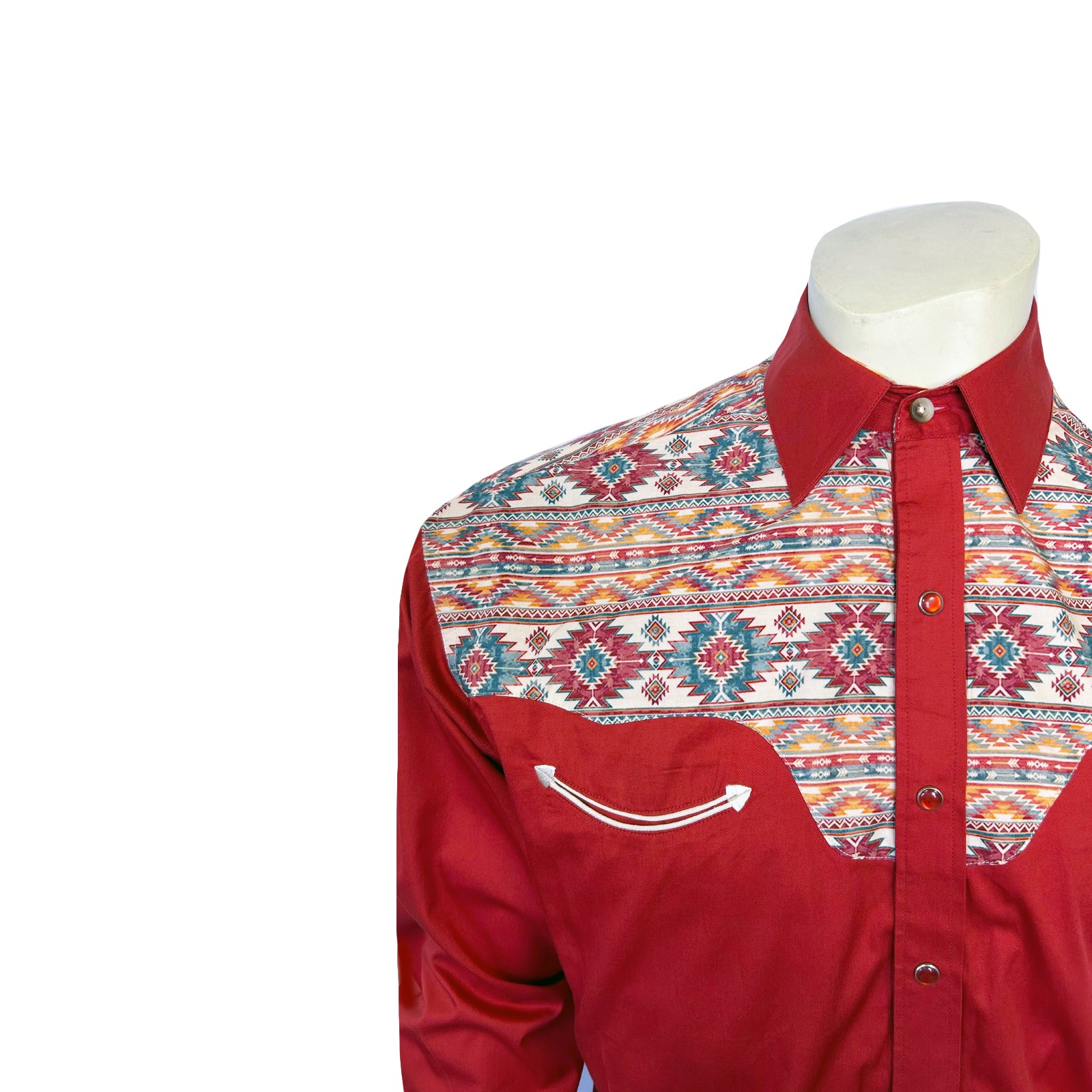 Men's Vintage 2-Tone Red & Native Pattern Embroidered Western Shirt