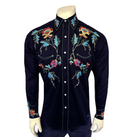 Men's Floral Embroidered Cotton Gabardine Black Western Shirt