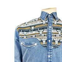 Men's Vintage 2-Tone Denim & Steer Skull Embroidered Western Shirt
