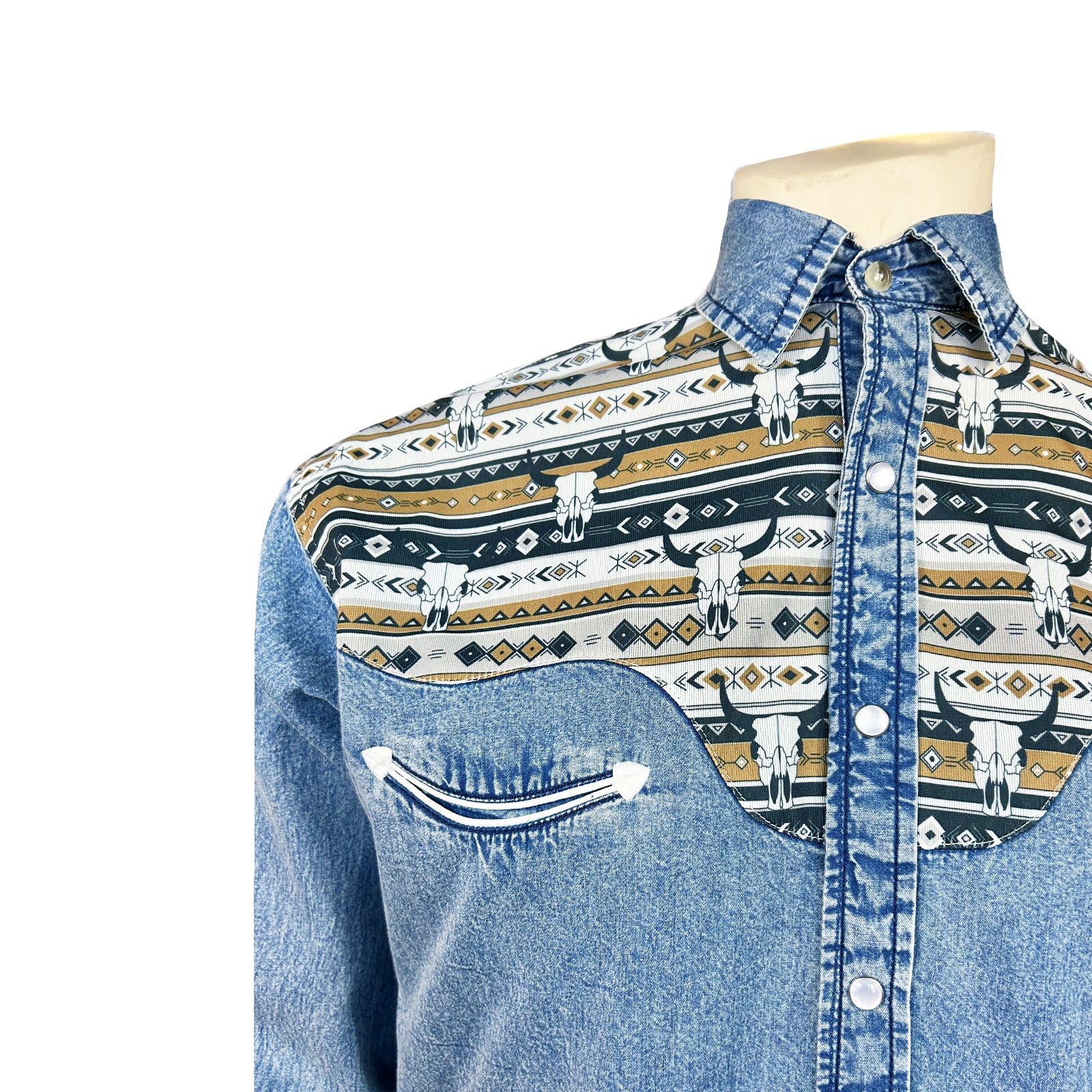 Men's Vintage 2-Tone Denim & Steer Skull Embroidered Western Shirt