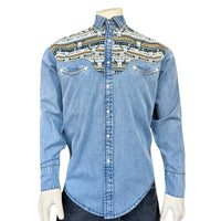 Men's Vintage 2-Tone Denim & Steer Skull Embroidered Western Shirt