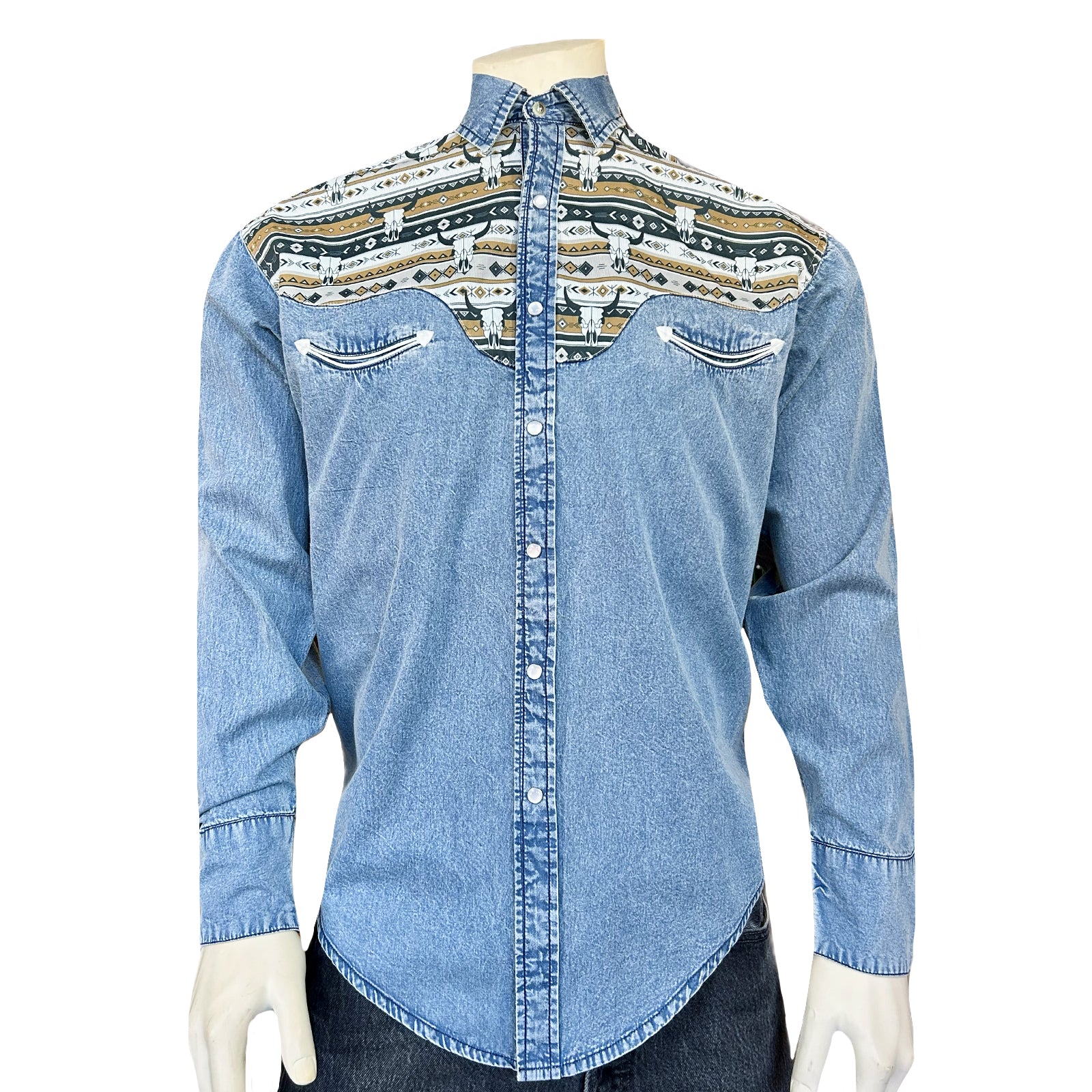 Men's Vintage 2-Tone Denim & Steer Skull Embroidered Western Shirt