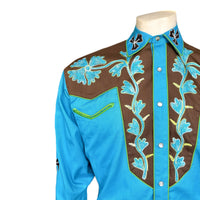 Men's Floral 2-Tone Brown & Turquoise Embroidered Western Shirt