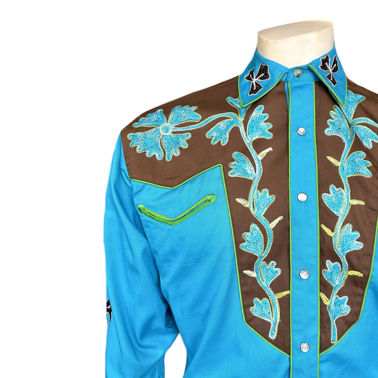Men's Floral 2-Tone Brown & Turquoise Embroidered Western Shirt