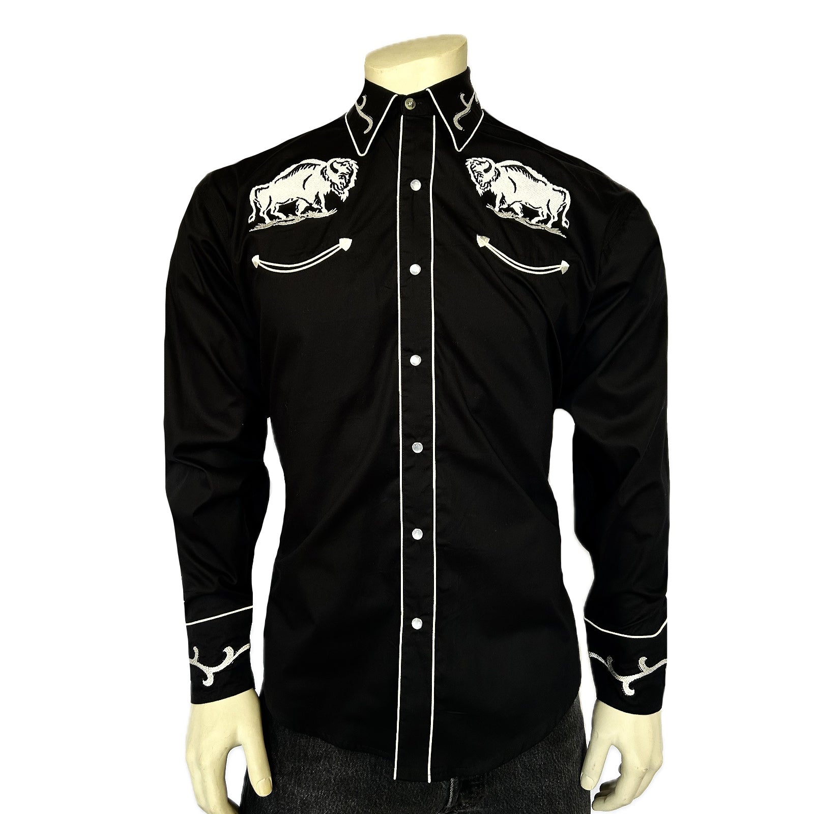 Men's Vintage Black American Bison Embroidered Western Shirt