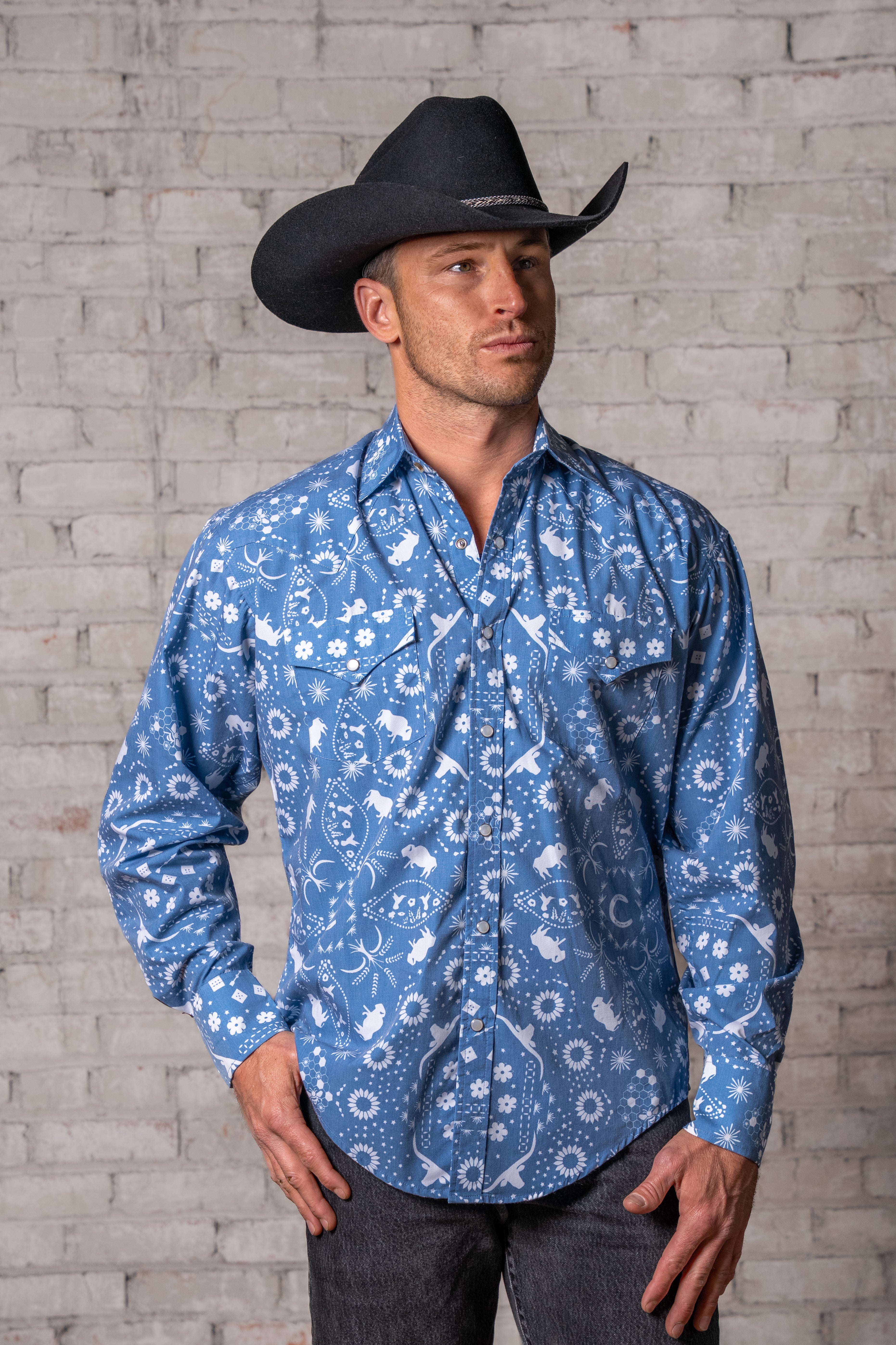 Rockmount Men's Blue Bison Print Western Dress Shirt