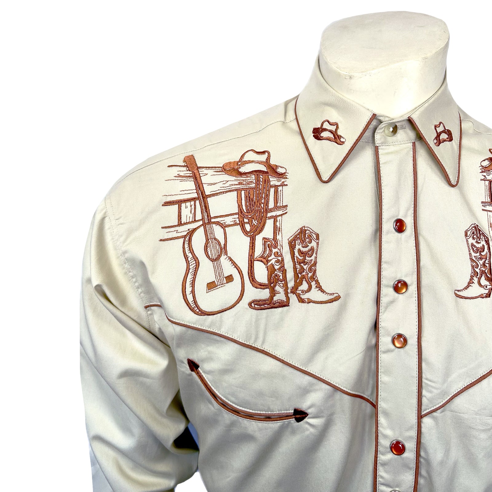 Men’s Khaki Guitar, Boot & Hat Embroidered Western Shirt