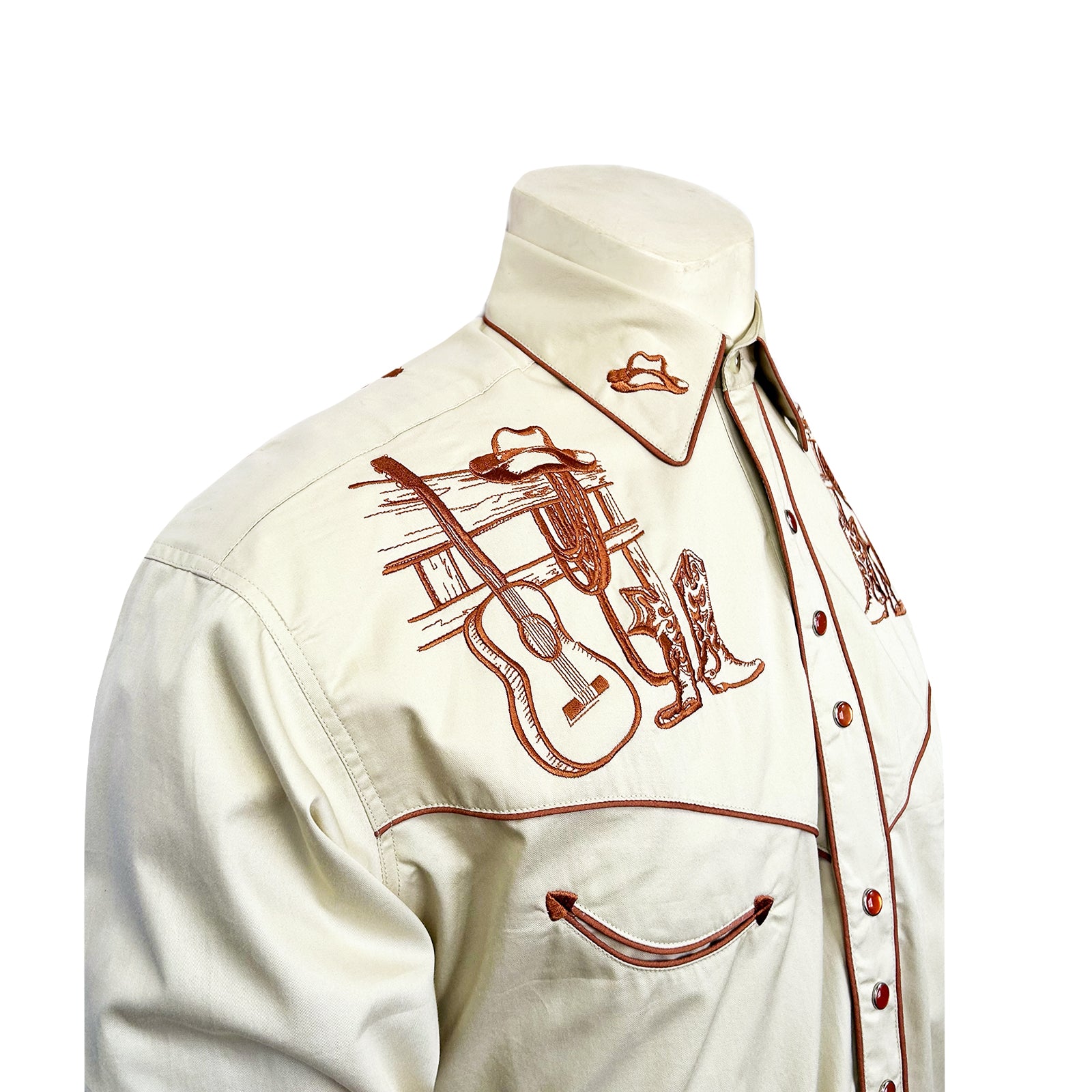Men’s Khaki Guitar, Boot & Hat Embroidered Western Shirt