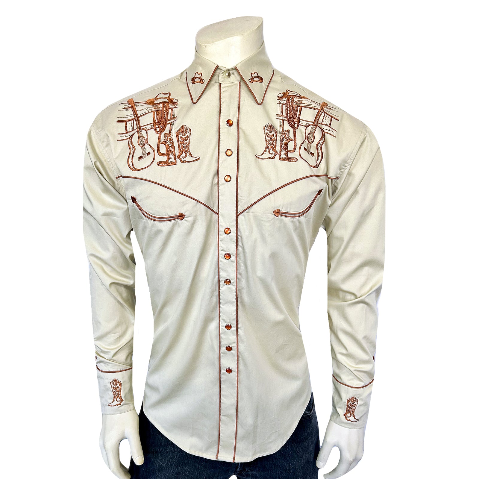 Men’s Khaki Guitar, Boot & Hat Embroidered Western Shirt