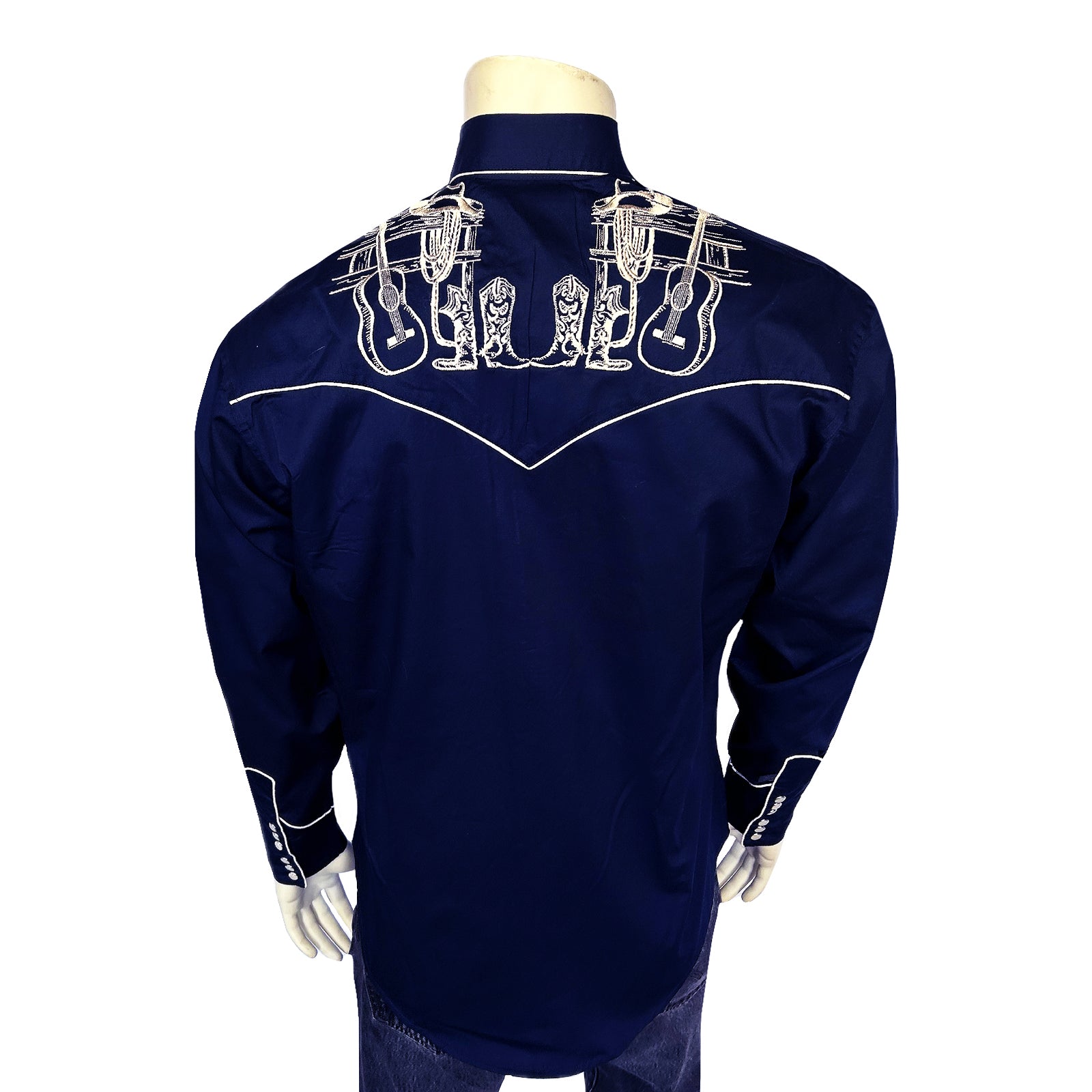 Men’s Navy Guitar, Boot & Hat Embroidered Western Shirt