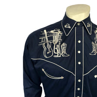 Men’s Navy Guitar, Boot & Hat Embroidered Western Shirt