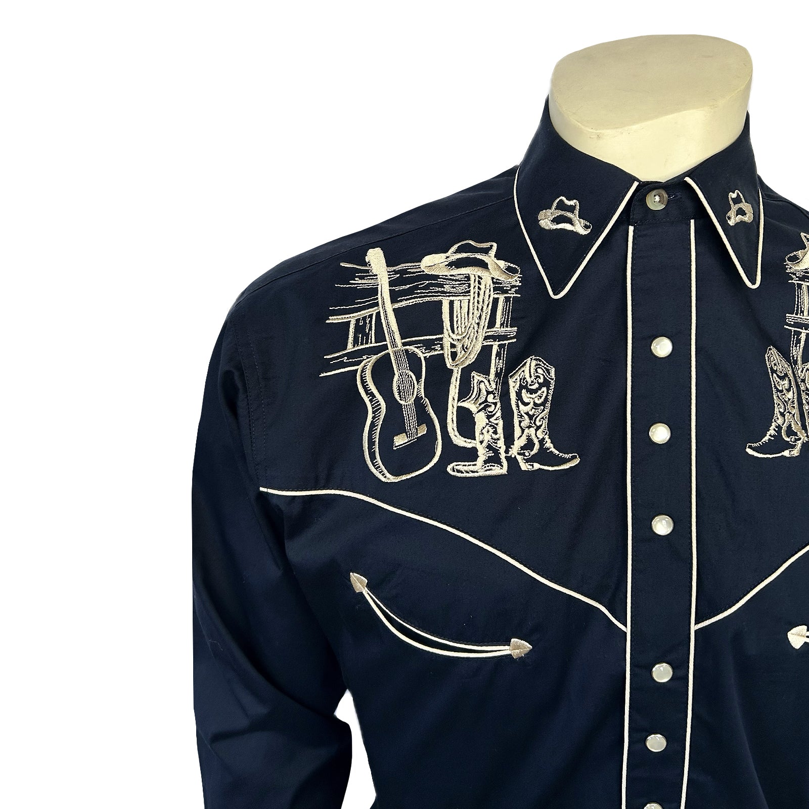 Men’s Navy Guitar, Boot & Hat Embroidered Western Shirt