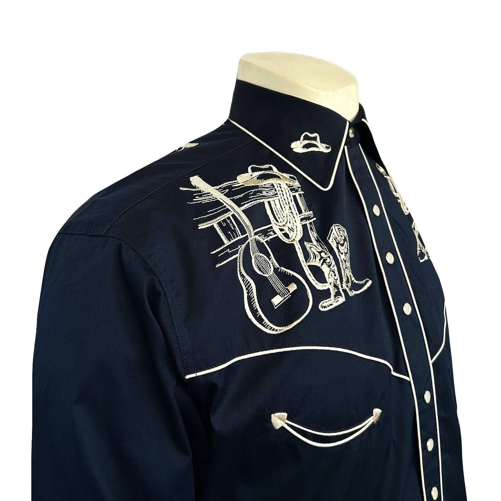 Men’s Navy Guitar, Boot & Hat Embroidered Western Shirt