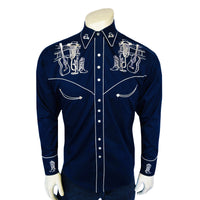 Men’s Navy Guitar, Boot & Hat Embroidered Western Shirt
