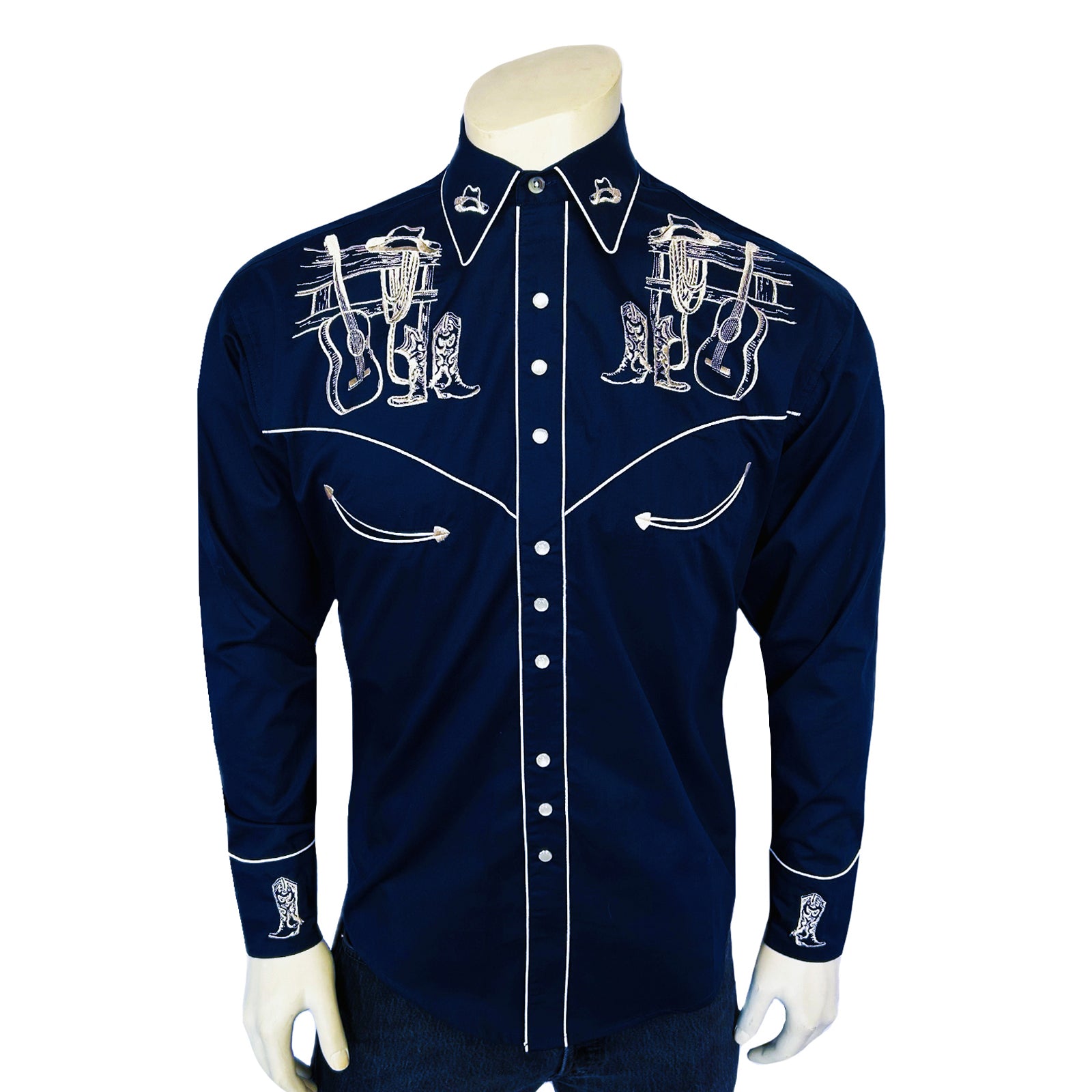 Men’s Navy Guitar, Boot & Hat Embroidered Western Shirt
