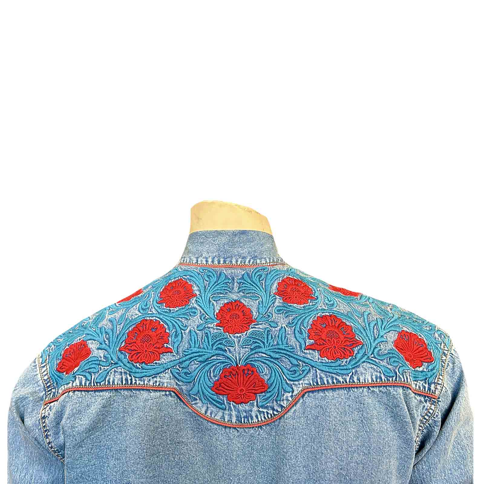 Men’s Vintage Denim Red Floral & Turquoise Embroidered Western Shirt