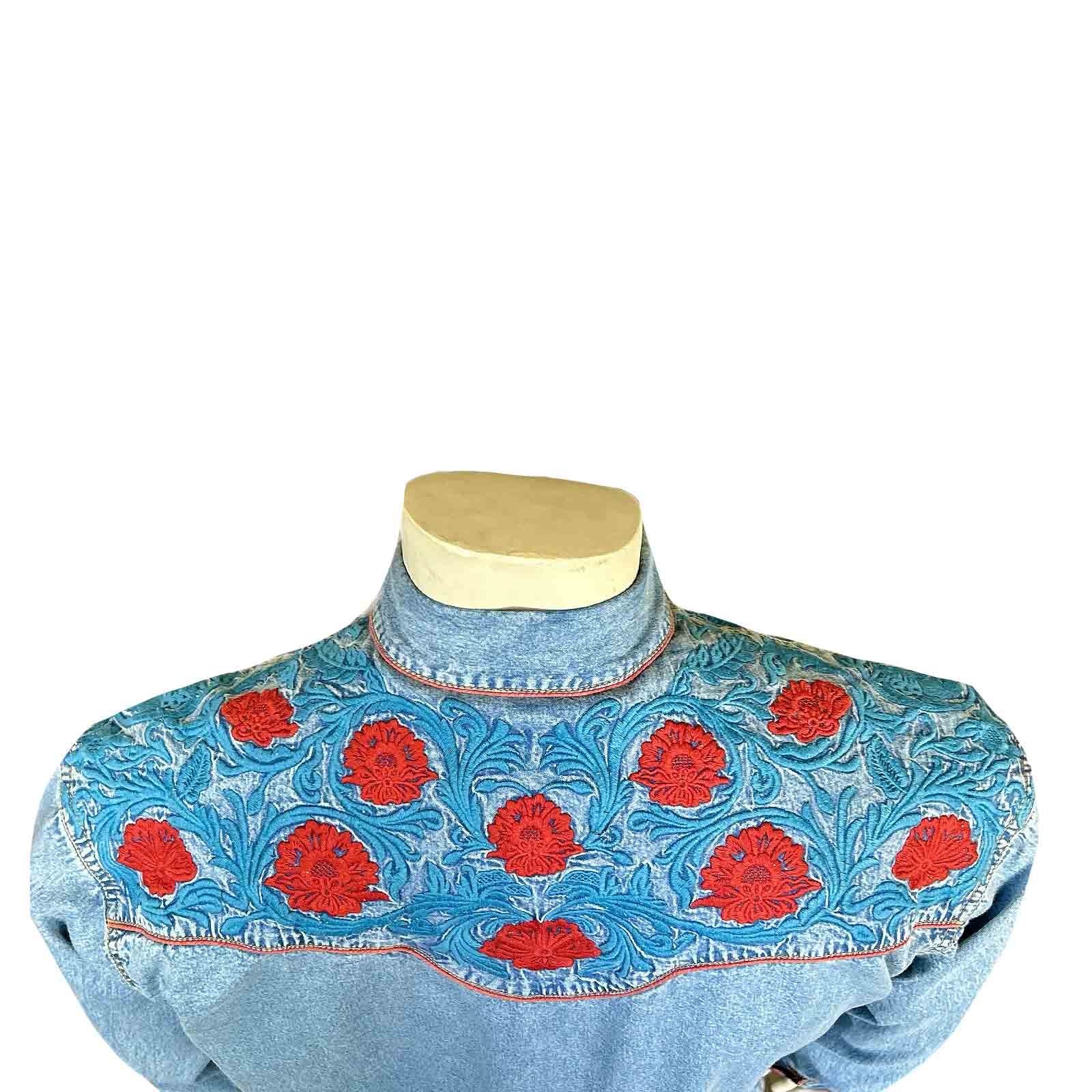 Men’s Vintage Denim Red Floral & Turquoise Embroidered Western Shirt