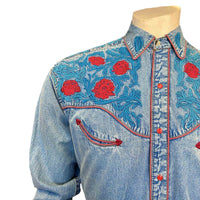 Men’s Vintage Denim Red Floral & Turquoise Embroidered Western Shirt