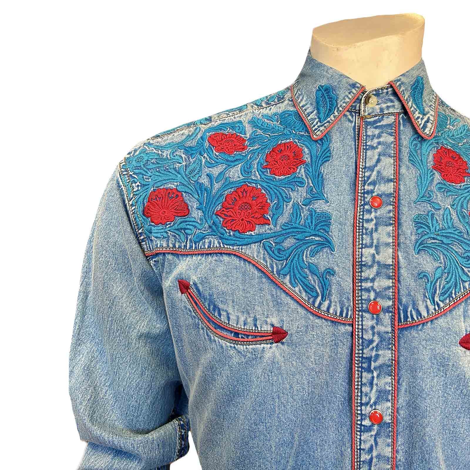 Men’s Vintage Denim Red Floral & Turquoise Embroidered Western Shirt