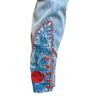 Men’s Vintage Denim Red Floral & Turquoise Embroidered Western Shirt