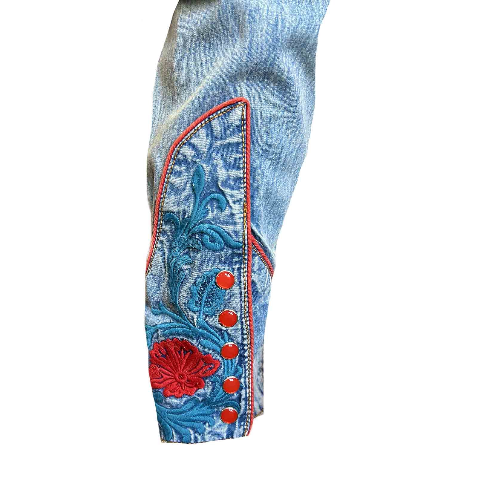 Men’s Vintage Denim Red Floral & Turquoise Embroidered Western Shirt