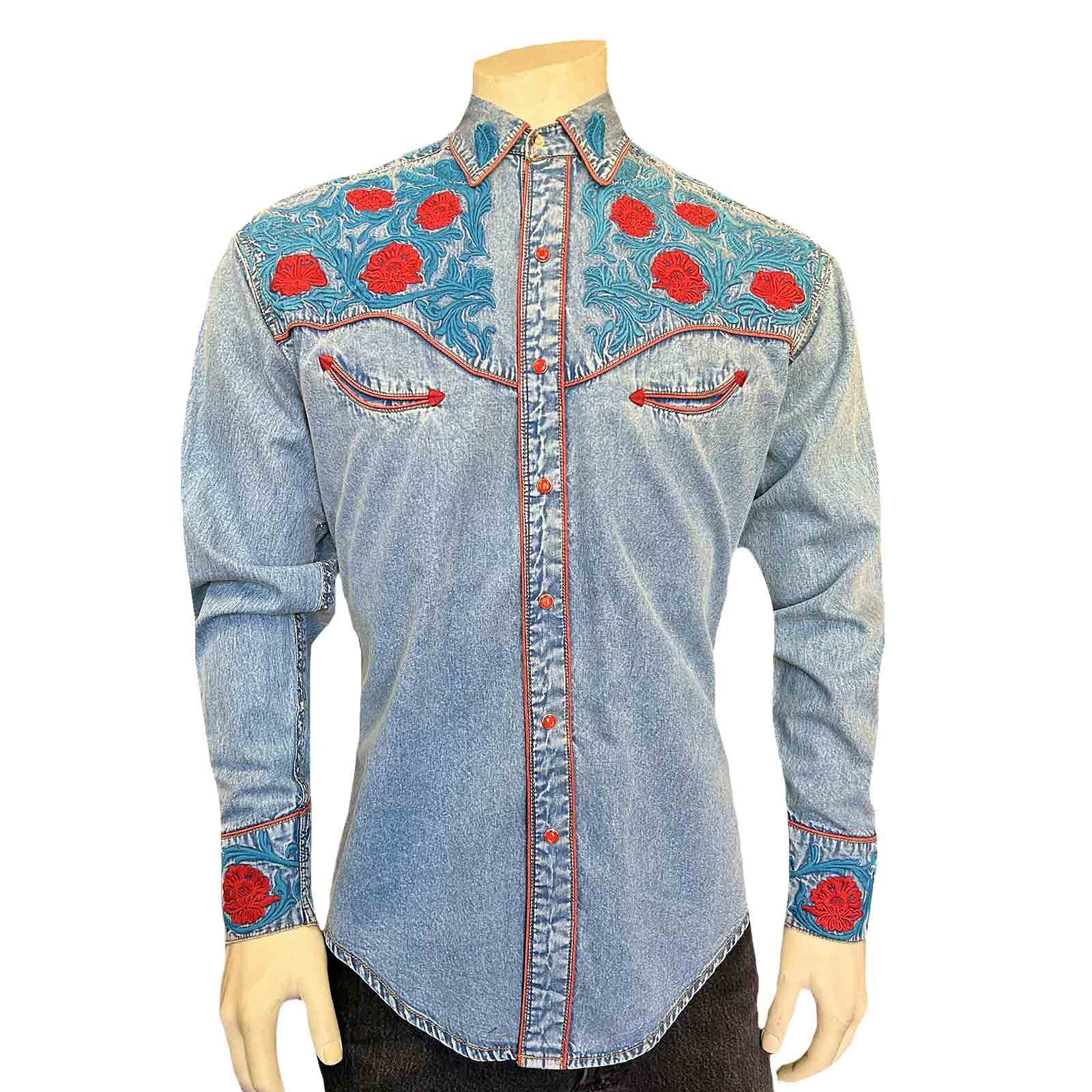 Men’s Vintage Denim Red Floral & Turquoise Embroidered Western Shirt
