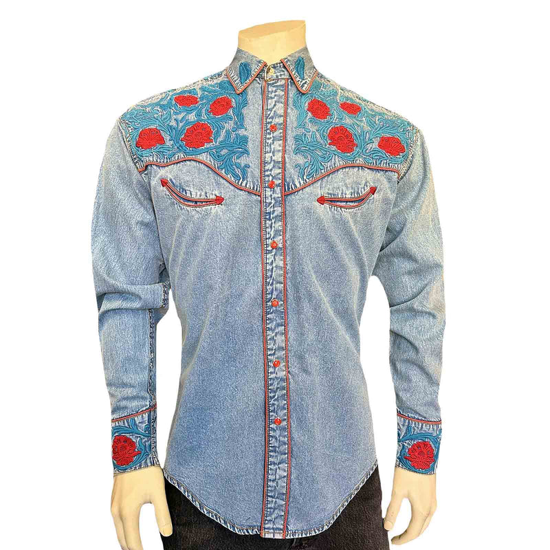 Men’s Denim Vintage Western Shirt with Red Floral & Turquoise Embroidery