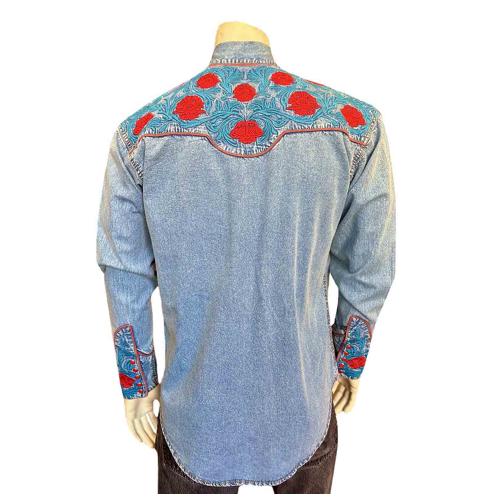 Men’s Vintage Denim Red Floral & Turquoise Embroidered Western Shirt