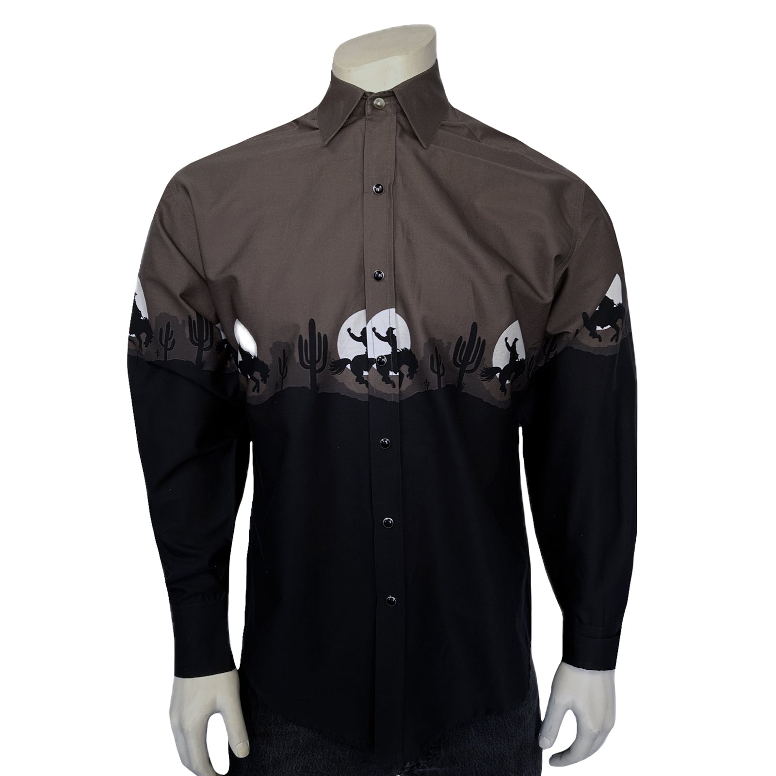 Men's Long Sleeve Brown/Black 2-Tone Moonlit Cowboy Western Print