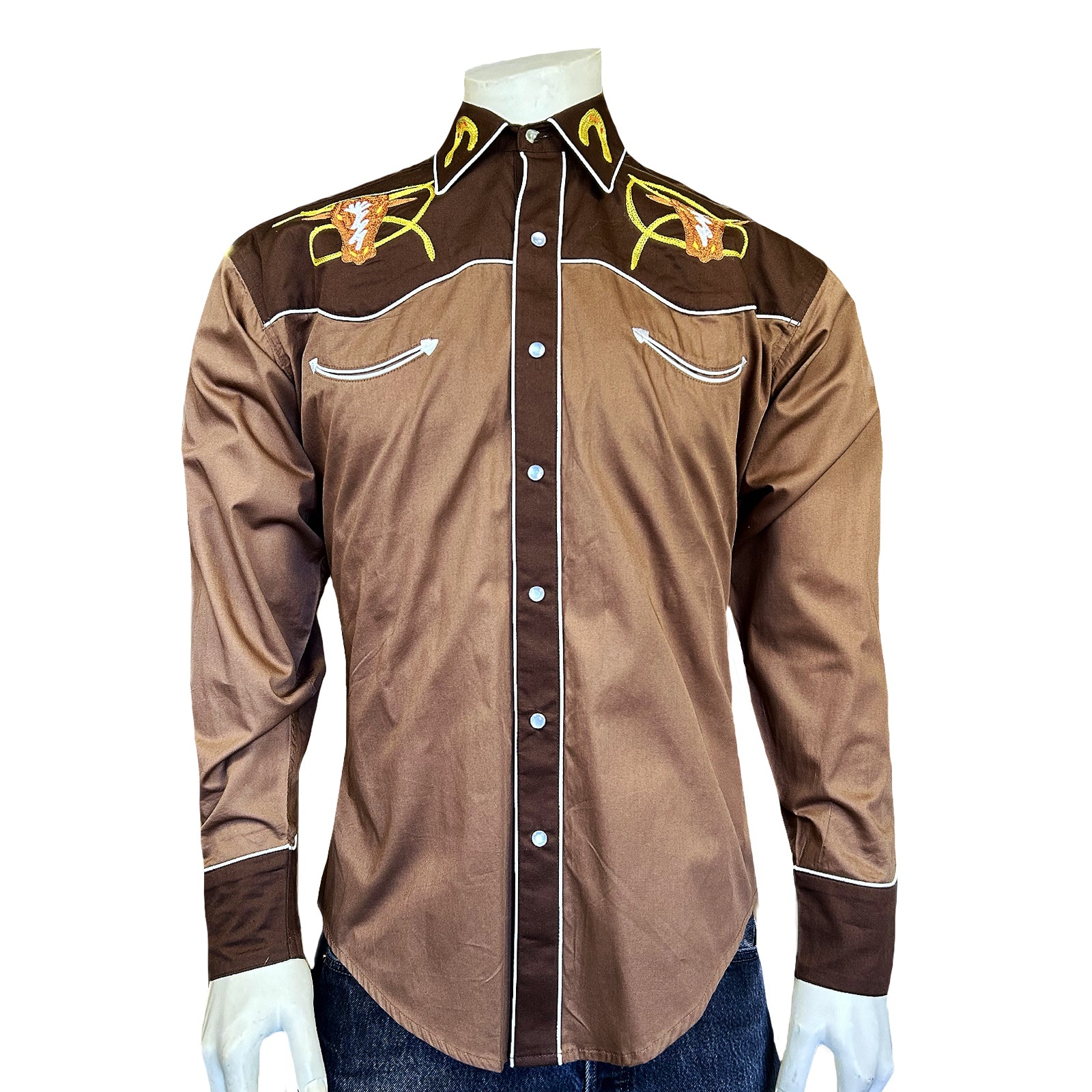 Men's Embroidered 2-Tone Steer Western Shirt in Brown